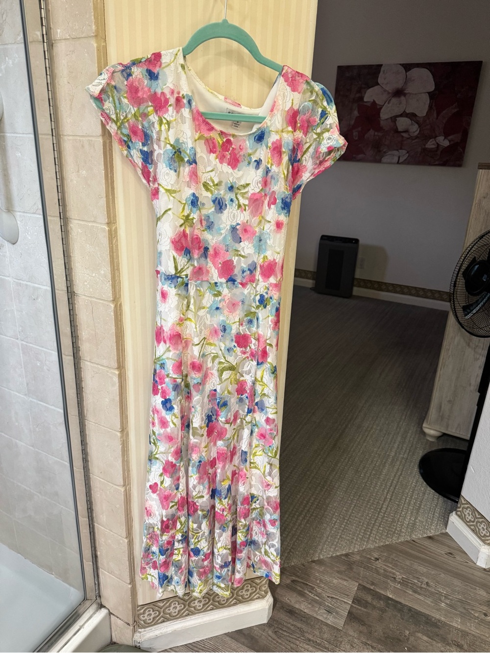 Floral Midi Dress in White with Pink & Blue Blossoms